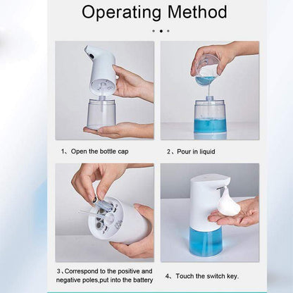 Instructions for using automatic soap dispenser with liquid being poured into it.