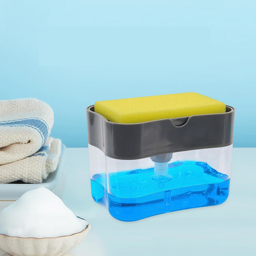 Kitchen soap dispenser with sponge holder 2-in-1 design