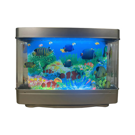 LED fake aquarium lamp with realistic swimming fish creating calming underwater ambiance lighting with colourful fish and underwater scenery on a white background