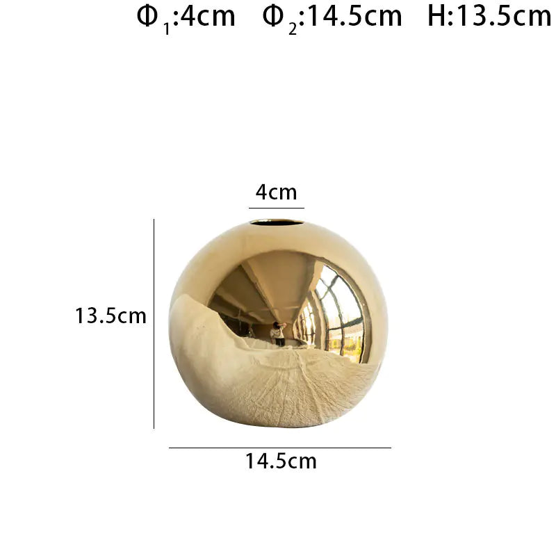 Large luxury gold electroplated spherical vase with measurements on a white background