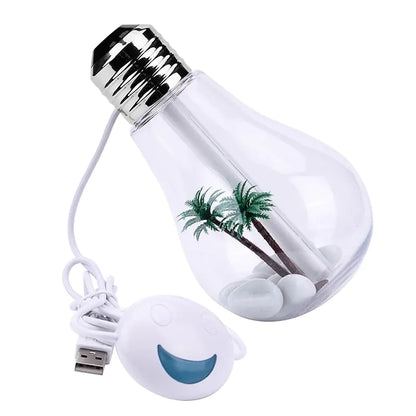Light bulb shaped device with palm tree design and USB cable on a white background