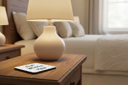 Love Blooms Here floral quote coaster with premium cork backing and waterproof glossy finish for coffee table protection and home decor - Black/Grey - Bedside Table