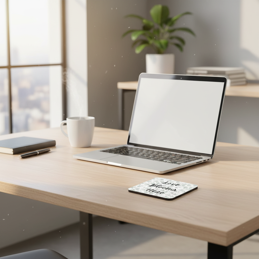 Love Blooms Here floral quote coaster with premium cork backing and waterproof glossy finish for coffee table protection and home decor - Black/Grey - Office Desk