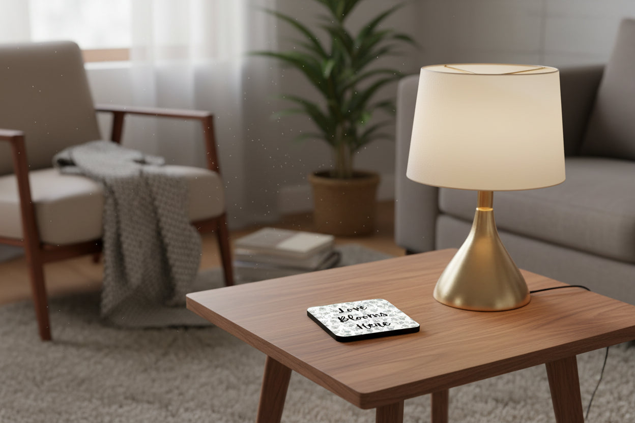 Love Blooms Here floral quote coaster with premium cork backing and waterproof glossy finish for coffee table protection and home decor - Black/Grey - Side Table