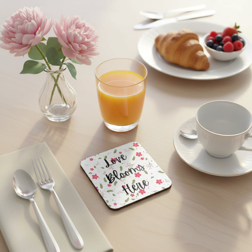 Love Blooms Here floral quote coaster with premium cork backing and waterproof glossy finish for coffee table protection and home decor - Black/Red/Green - Breakfast Table
