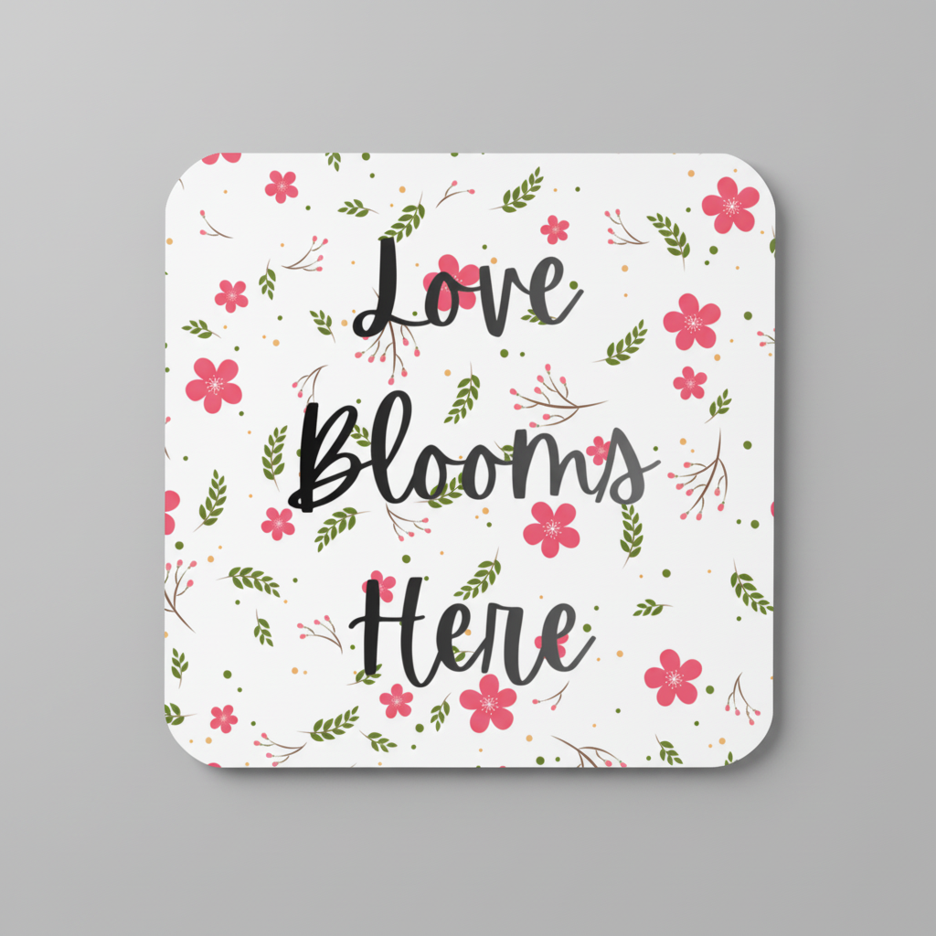 Love Blooms Here floral quote coaster with premium cork backing and waterproof glossy finish for coffee table protection and home decor - Black/Red/Green - Grey Background