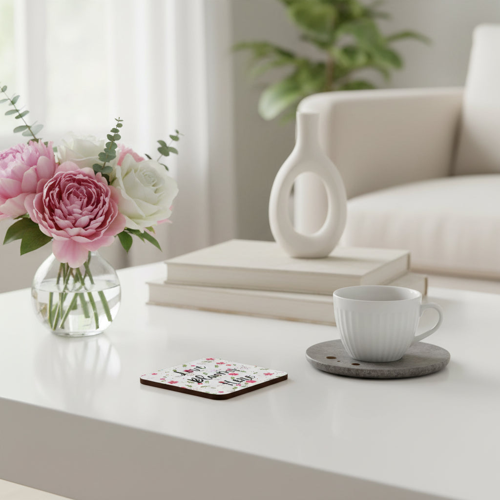 Love Blooms Here floral quote coaster with premium cork backing and waterproof glossy finish for coffee table protection and home decor - Black/Red/Green - White Coffee Table