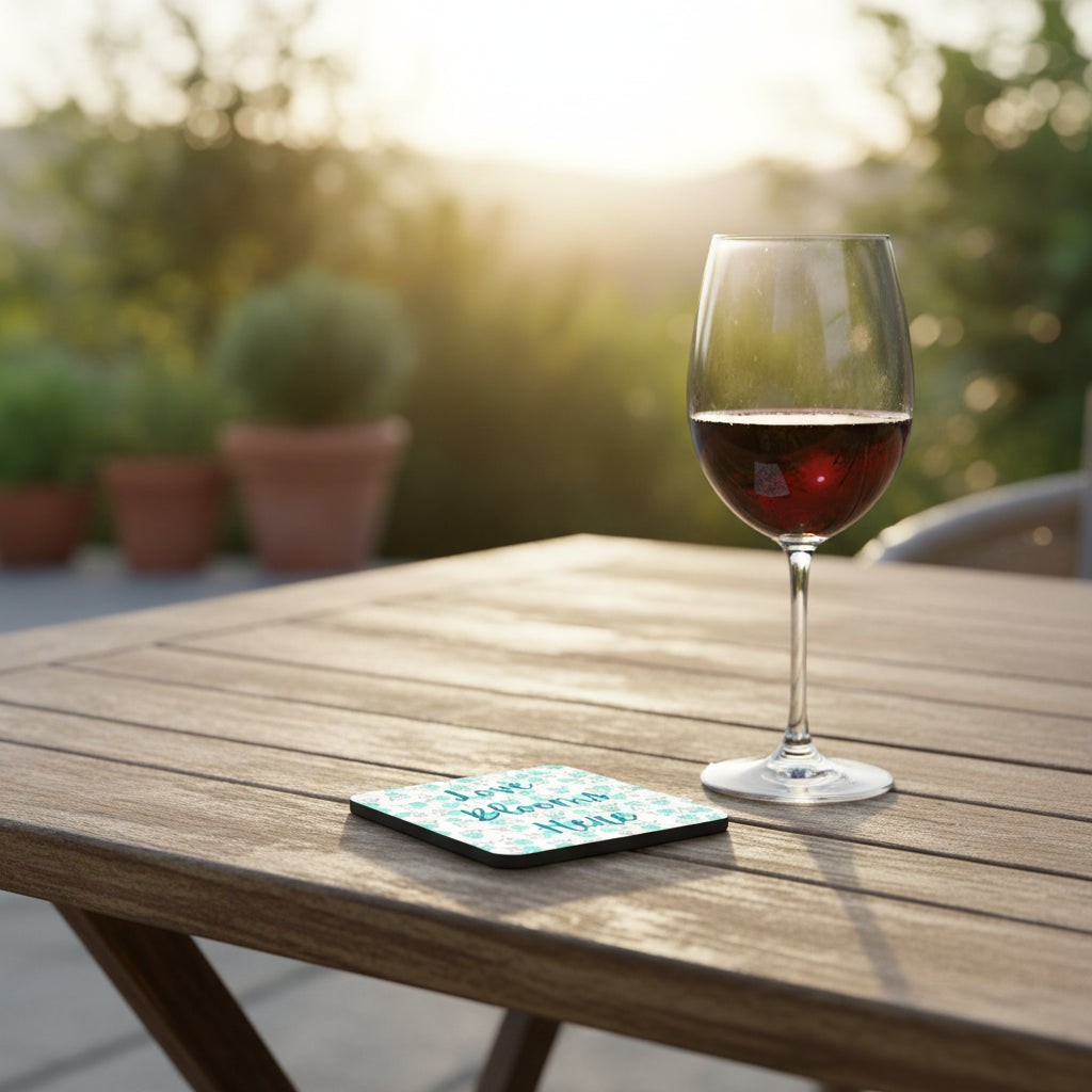 Love Blooms Here floral quote coaster with premium cork backing and waterproof glossy finish for coffee table protection and home decor - Green - Garden Table