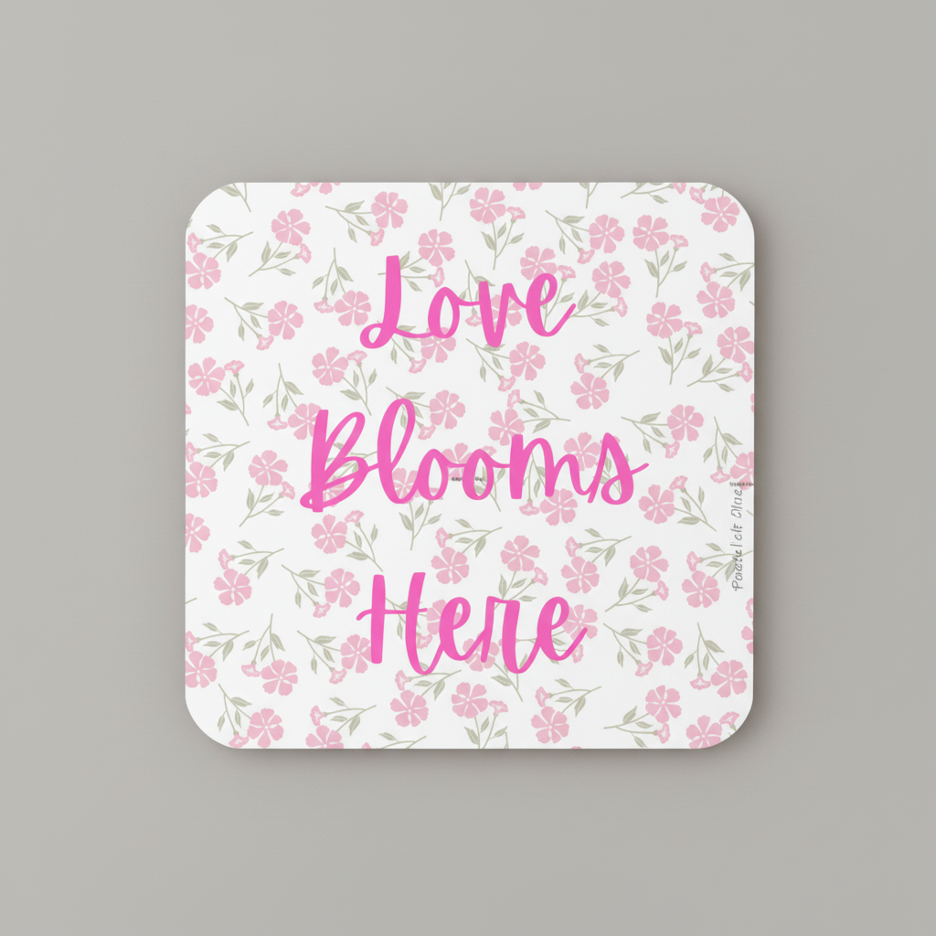 Love Blooms Here floral quote coaster with premium cork backing and waterproof glossy finish for coffee table protection and home decor - Pink - Grey Background