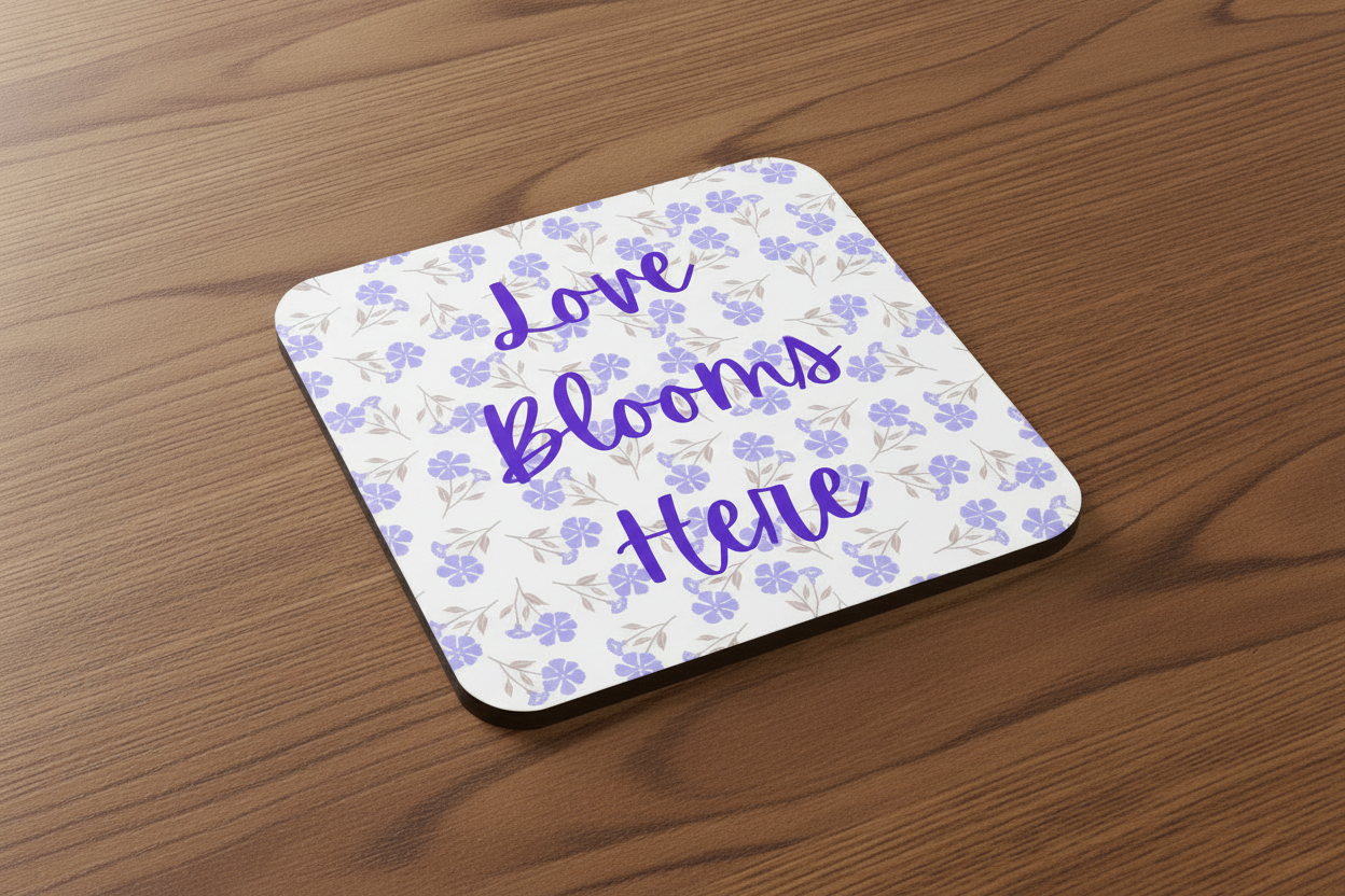 Love Blooms Here floral quote coaster with premium cork backing and waterproof glossy finish for coffee table protection and home decor - Purple - Wood Table
