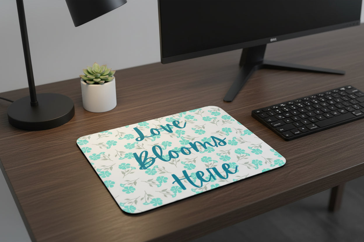 Love Blooms Here inspirational mouse pad with non slip rubber base and smooth polyester surface for gaming, home office, and computer desk workspace decor. Green - Dark Desk