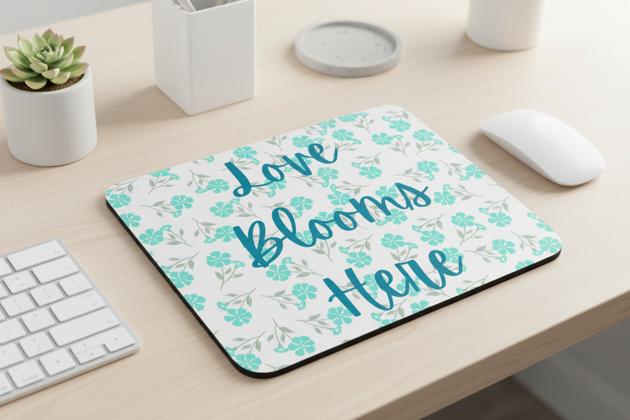 Love Blooms Here inspirational mouse pad with non slip rubber base and smooth polyester surface for gaming, home office, and computer desk workspace decor. Green - Wood Desk