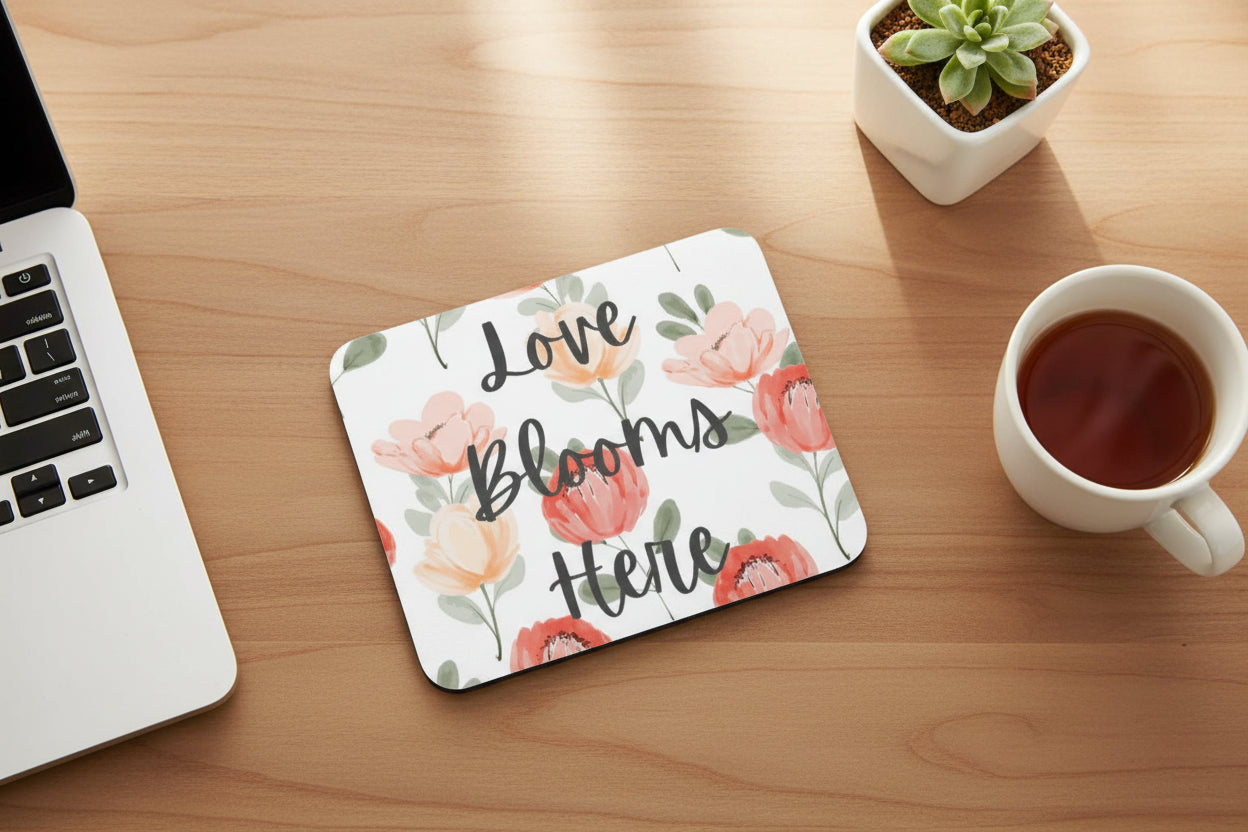 Love Blooms Here inspirational mouse pad with non slip rubber base and smooth polyester surface for gaming, home office, and computer desk workspace decor. Pink and Green - Wood Desk