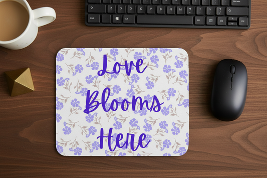 Love Blooms Here inspirational mouse pad with non slip rubber base and smooth polyester surface for gaming, home office, and computer desk workspace decor. Purple - Dark Desk