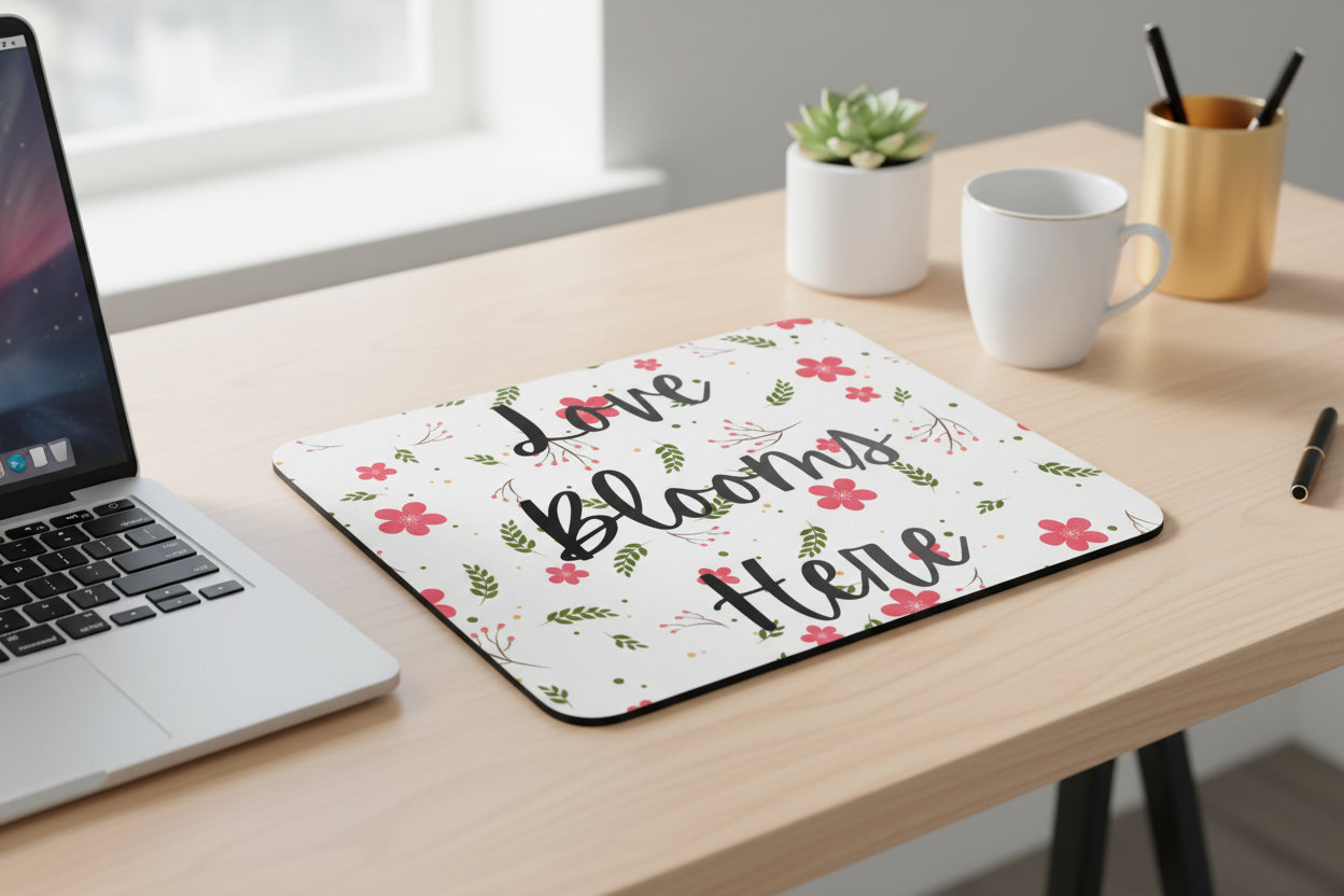 Love Blooms Here inspirational mouse pad with non slip rubber base and smooth polyester surface for gaming, home office, and computer desk workspace decor. Red and Green - Light Wood Desk