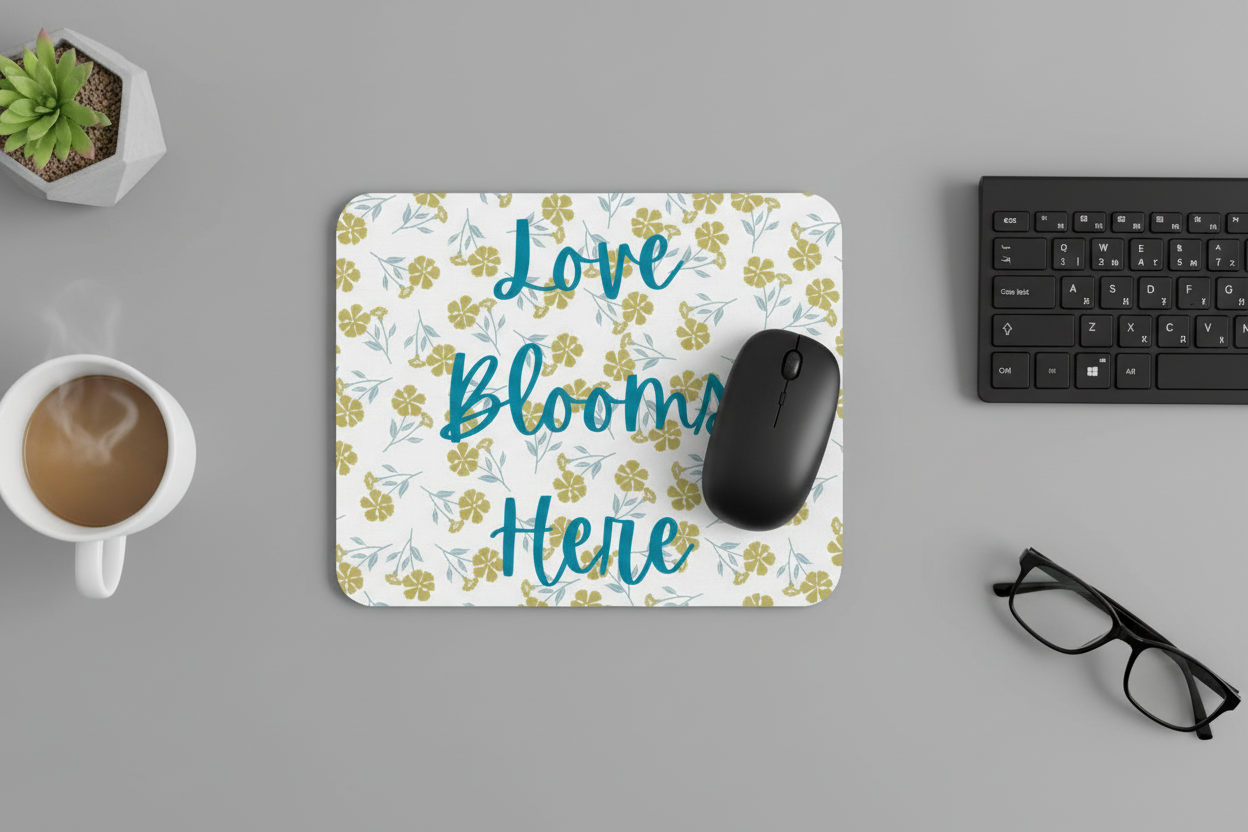 Love Blooms Here inspirational mouse pad with non slip rubber base and smooth polyester surface for gaming, home office, and computer desk workspace decor. Yellow and Green - Grey Desk