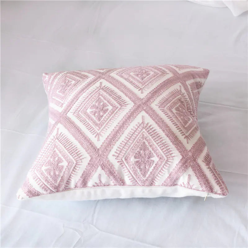 Luxury Pink and white embroidered cotton cushion cover with modern design. Style 2A