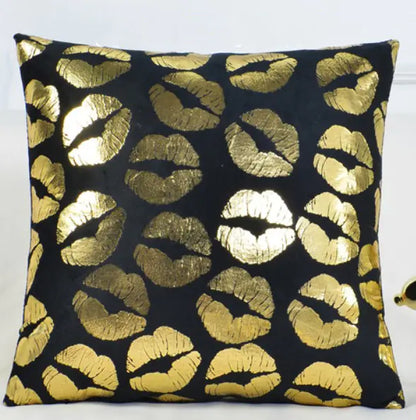 Luxury black and gold velvet cushion cover with peach skin texture, 45x45cm decorative throw pillow case with romantic pattern for living room or bedroom decor. 2A