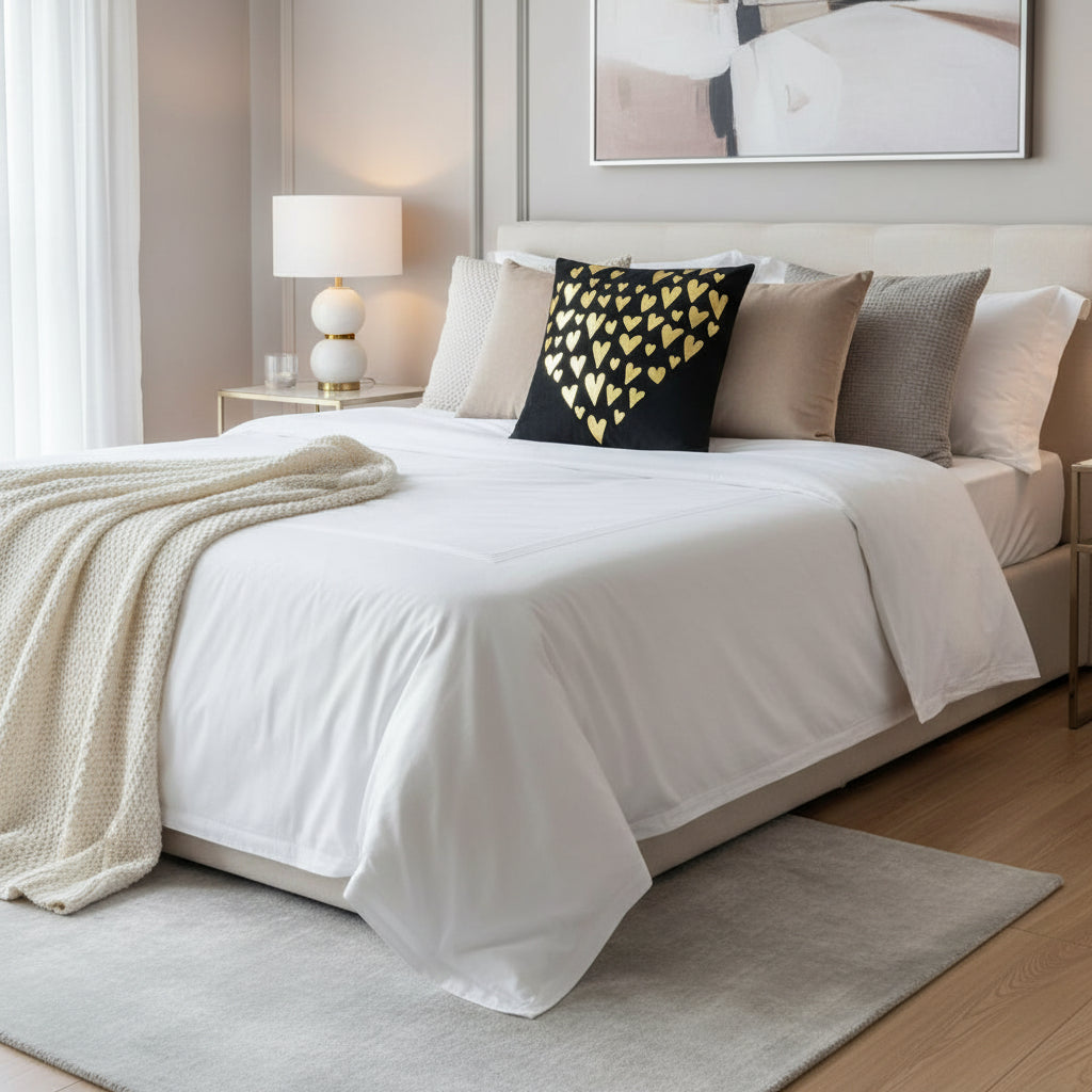 Luxury black and gold velvet cushion cover with peach skin texture, 45x45cm decorative throw pillow case with romantic pattern for living room or bedroom decor. 3