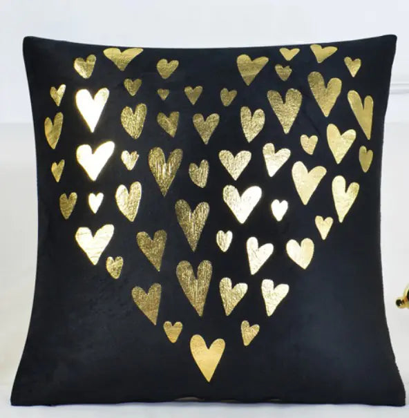 Luxury black and gold velvet cushion cover with peach skin texture, 45x45cm decorative throw pillow case with romantic pattern for living room or bedroom decor. 3A