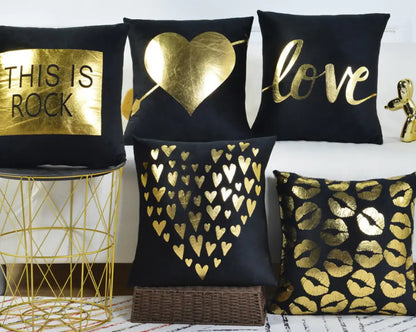 Luxury black and gold velvet cushion covers with peach skin texture, 45x45cm decorative throw pillow case with romantic pattern for living room or bedroom decor.