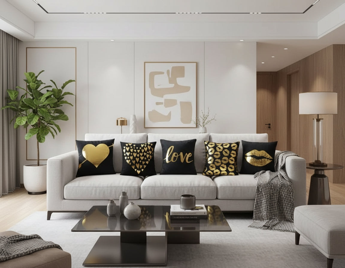 Luxury black and gold velvet cushion covers with peach skin texture, 45x45cm decorative throw pillow case with romantic pattern for living room or bedroom decor