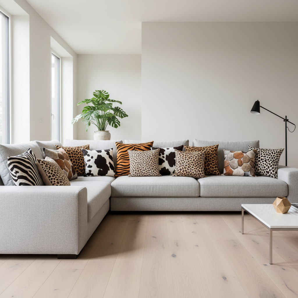 Luxury faux fur throw pillow cover with printed animal pattern in 43cm square size displayed on modern sofa for bedroom and living room decoration