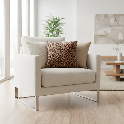 Luxury faux fur throw pillow cover with printed animal pattern in 43cm square size displayed on modern sofa for bedroom and living room decoration 2