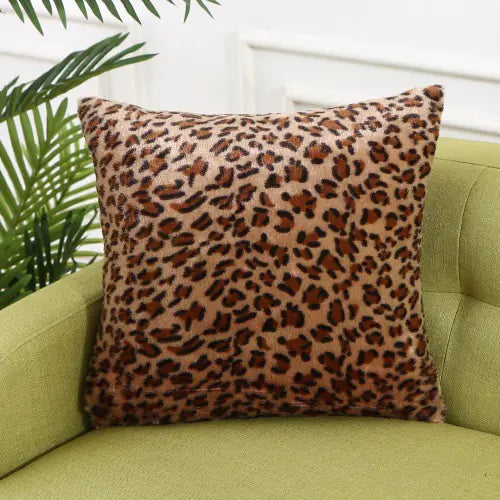 Luxury faux fur throw pillow cover with printed animal pattern in 43cm square size displayed on modern sofa for bedroom and living room decoration 2A