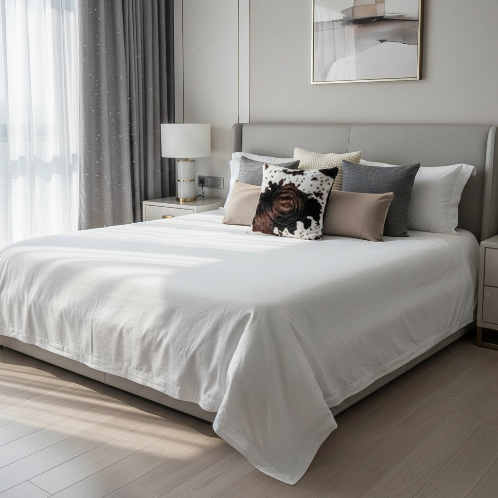 Luxury faux fur throw pillow cover with printed animal pattern in 43cm square size displayed on modern sofa for bedroom and living room decoration 3