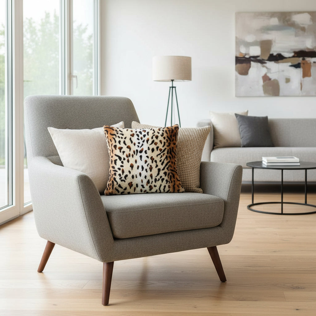 Luxury faux fur throw pillow cover with printed animal pattern in 43cm square size displayed on modern sofa for bedroom and living room decoration 4