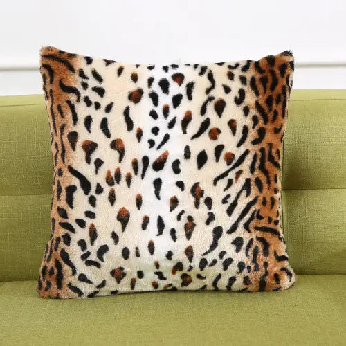 Luxury faux fur throw pillow cover with printed animal pattern in 43cm square size displayed on modern sofa for bedroom and living room decoration 4A