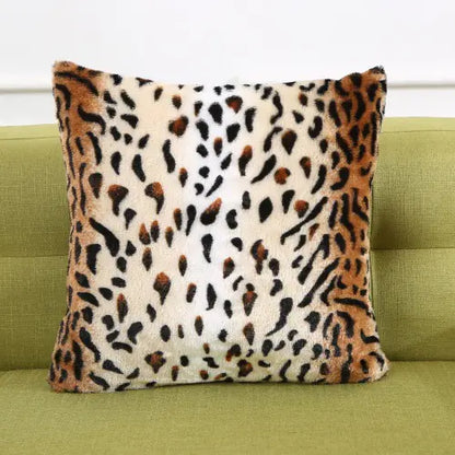 Luxury faux fur throw pillow cover with printed animal pattern in 43cm square size displayed on modern sofa for bedroom and living room decoration 4A