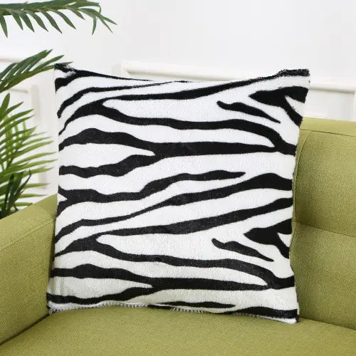 Luxury faux fur throw pillow cover with printed animal pattern in 43cm square size displayed on modern sofa for bedroom and living room decoration 5A