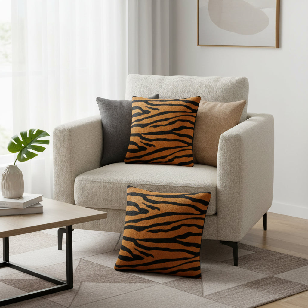 Luxury faux fur throw pillow cover with printed animal pattern in 43cm square size displayed on modern sofa for bedroom and living room decoration 6