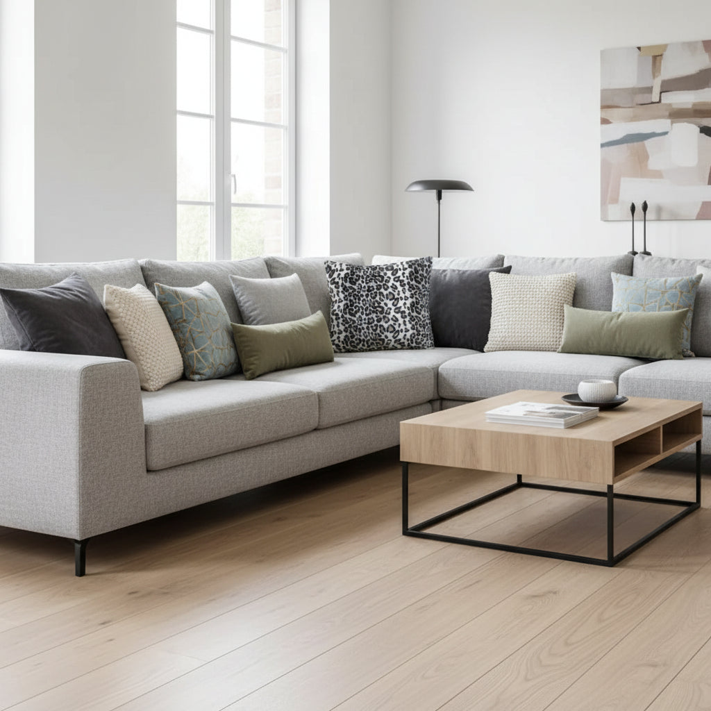 Luxury faux fur throw pillow cover with printed animal pattern in 43cm square size displayed on modern sofa for bedroom and living room decoration 7