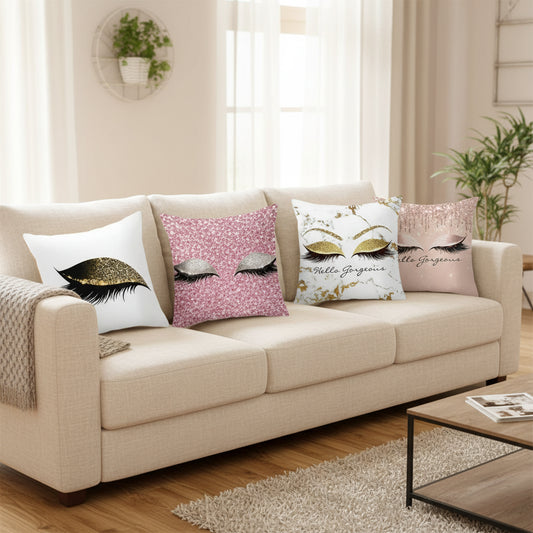 Luxury makeup eyelash cushion covers with beauty themed design for home decor and bedroom.