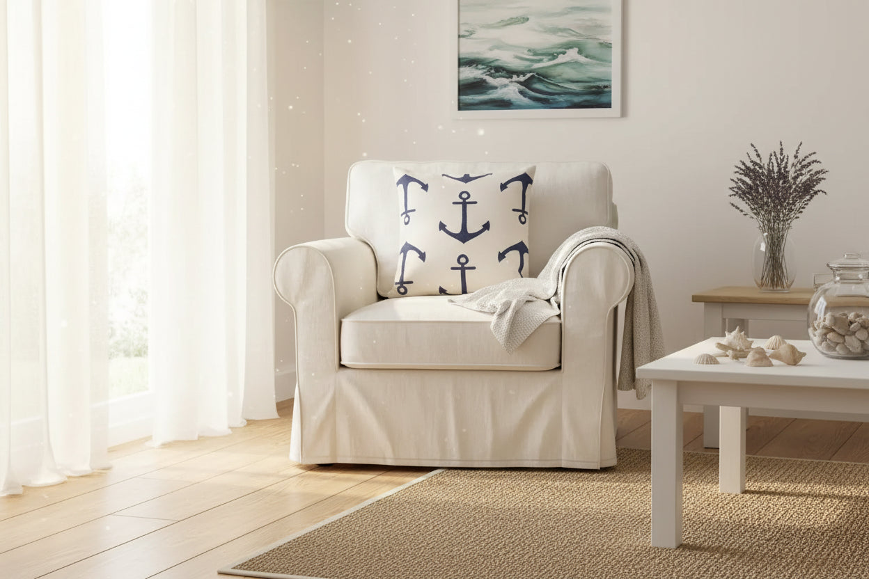 Mediterranean blue geometric cushion cover with cotton linen fabric on modern sofa, 45x45cm throw pillow case with hidden zipper for coastal home decor 1