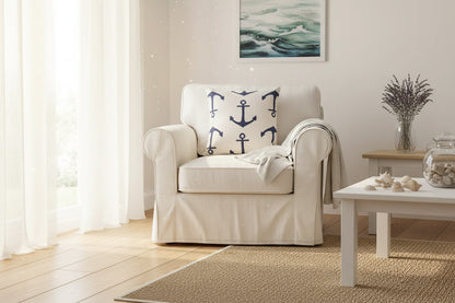 Mediterranean blue geometric cushion cover with cotton linen fabric on modern sofa, 45x45cm throw pillow case with hidden zipper for coastal home decor 1