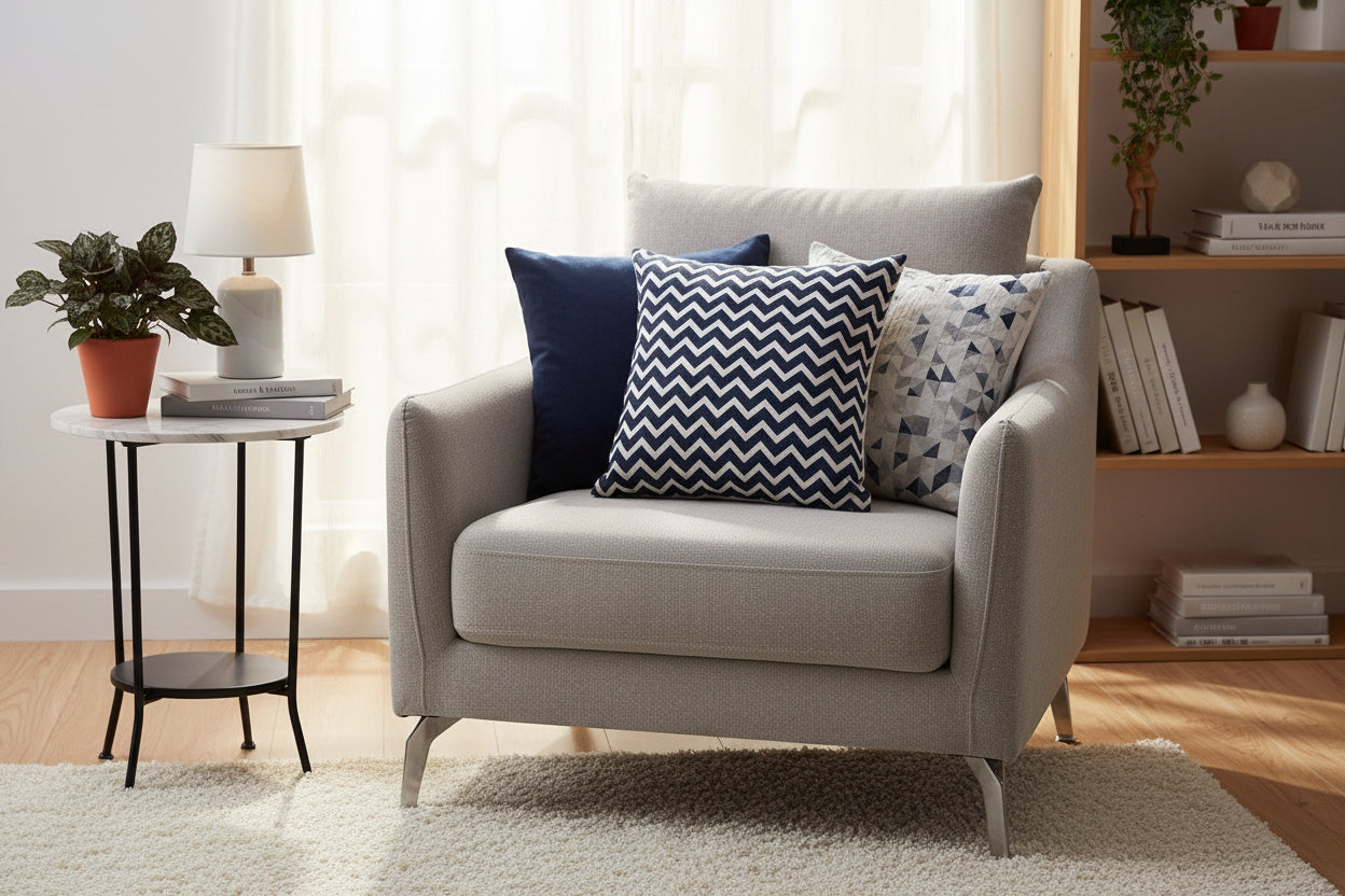 Mediterranean blue geometric cushion cover with cotton linen fabric on modern sofa, 45x45cm throw pillow case with hidden zipper for coastal home decor 2