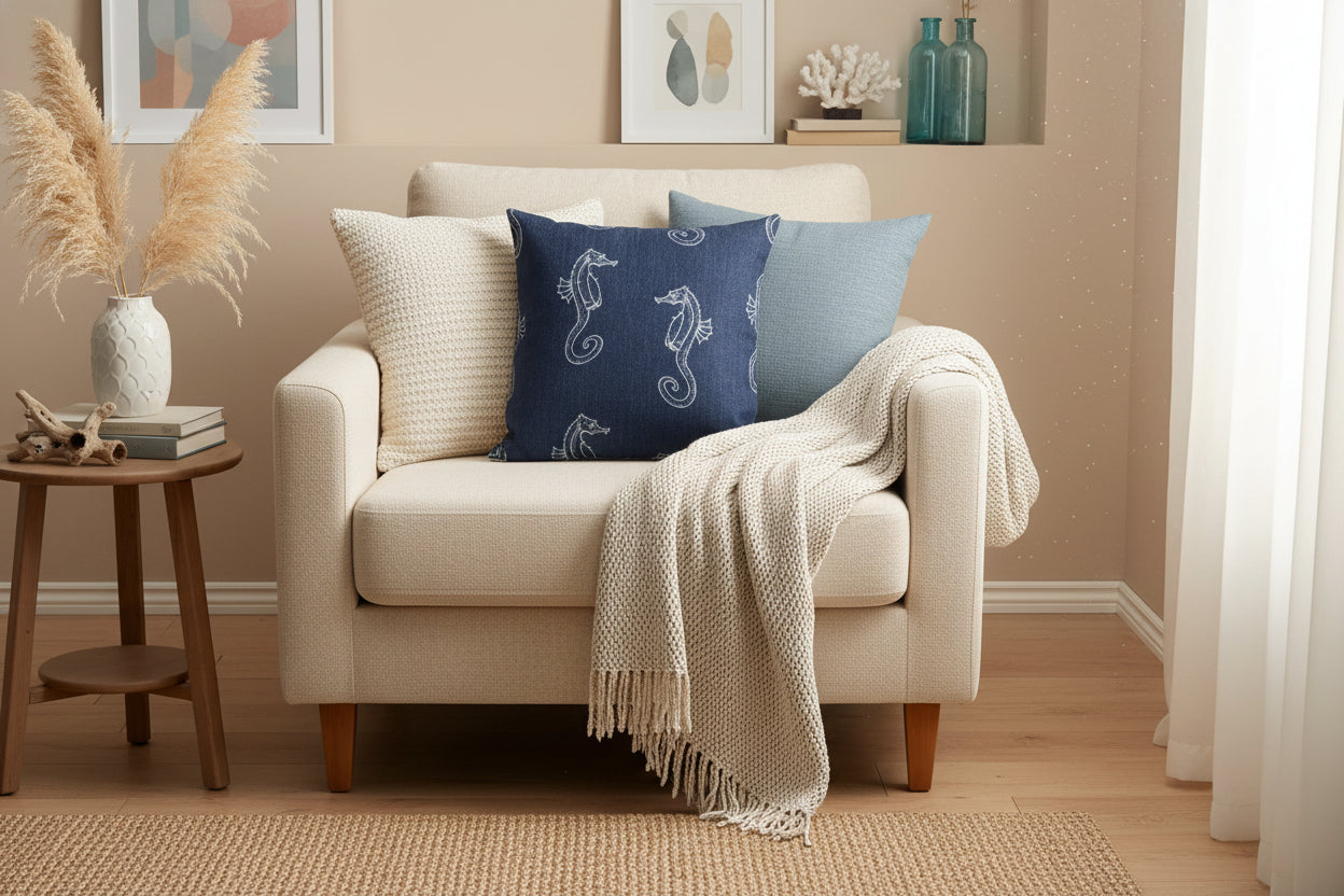 Mediterranean blue geometric cushion cover with cotton linen fabric on modern sofa, 45x45cm throw pillow case with hidden zipper for coastal home decor 3