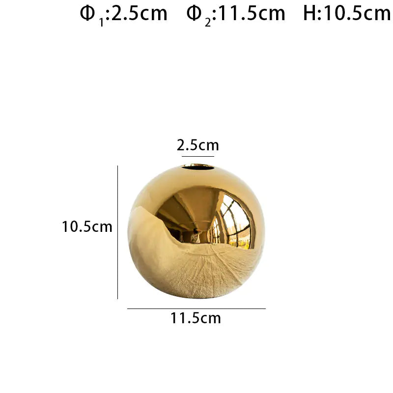 Medium luxurious gold electroplated spherical vase with dimensions labelled on a white background