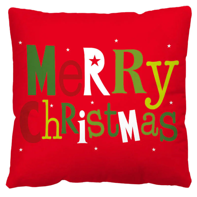 Red pillow with 'Merry Christmas' text in green, red, and white on a white background