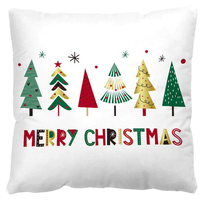 Decorative pillow with Christmas tree designs and 'Merry Christmas' text on a white background
