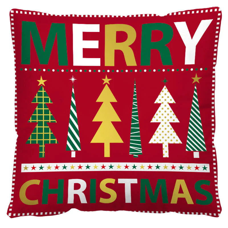 Decorative pillow with Christmas-themed design on a red background