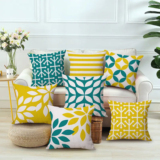 Modern Yellow and green geometric printed linen cushion covers with designer inspired pattern.