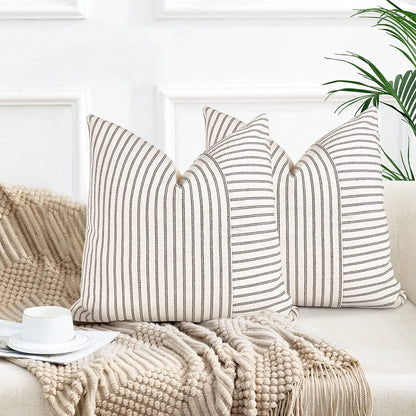 Modern striped cushion covers with stitching pattern in neutral colours for sofa and bedroom home decoration. 1