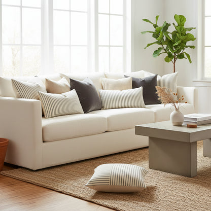 Modern striped cushion covers with stitching pattern in neutral colours for sofa and bedroom home decoration. 2