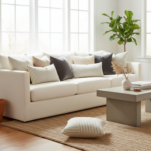 Modern striped cushion covers with stitching pattern in neutral colours for sofa and bedroom home decoration. 2