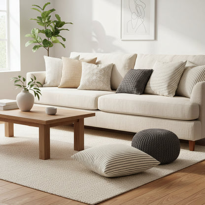 Modern striped cushion covers with stitching pattern in neutral colours for sofa and bedroom home decoration. 3